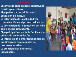 Principios :
El centro de todo proceso educativo lo
constituye el niño/a.
El papel rector del adulto en la
educación del niño/a.
La integración de la actividad y la
comunicación en el proceso educativo.
La vinculación de la educación del niño
con el medio circundante.
El papel significativo de la familia en la
educación de los niños/as.
La interrelación e interdependencia de
los diferentes componentes del
proceso educativo.
La atención a las diferencias
individuales.
 