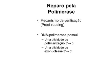 Reparo pela
Polimerase
• Mecanismo de verificação
(Proof-reading)
• DNA-polimerase possui
– Uma atividade de
polimerização 5’→ 3’
– Uma atividade de
exonuclease 3’→ 5’
 