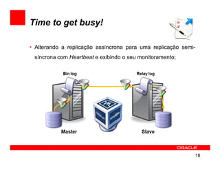 Time to get busy!

• Alterando a replicação assíncrona para uma replicação semi-
 síncrona com Heartbeat e exibindo o seu monitoramento;




                                                            18
 