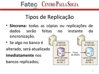 Tipos de Replicação
• Síncrona: todas as cópias ou replicações de
dados serão feitas no instante da
sincronização.
• Se algo no banco é
alterado, será atualizado
imediatamente nos
bancos replicados;
5
 