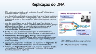 Replicação do DNA
• DNA polimerases só podem agir na direção 5' para 3' e isto cria um
problema durante a replicação
• Uma dupla hélice de DNA é sempre antiparalela; uma fita vai na direção
5' para 3', enquanto a outra vai na direção 3' para 5‘ fazendo com que
seja necessário que as duas novas fitas sejam sintetizadas de maneiras
diferentes
• Uma das novas fitas, a que se desloca de 5' para 3' em direção à
forquilha de replicação, é a fácil. Esta fita é feita continuamente, porque
a DNA polimerase III está se movendo na mesma direção que a
forquilha de replicação. Esta fita sintetizada continuamente é
chamada fita líder (leading strand)
• A outra fita nova, que se desloca de 5' para 3' distanciando-se da
forquilha, é a fita atrasada que é sintetizada de forma mais complexa
• A fita tardia ou atrasada (lagging strand) é feita em fragmentos
porque, conforme a forquilha avança, a DNA polimerase III se separa e
se religa ao próximo primer de RNA formando “gaps” na fita que está
sendo sintetizada
• Os pequenos fragmentos sintetizados são chamados de fragmentos de
Okazaki, em homenagem ao cientista japonês que os descobriu
• Portanto, um fragmento de Okazaki é um pequeno fragmento de DNA
com um primer de RNA na extremidade 5’, criado na fita atrasada
durante o processo de replicação
1.000 a 2.000 pares de base nos procariontes
150 a 200 pares de base nos eucariontes
 