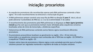Iniciação: procariotos
• As sequências promotoras são reconhecidas apenas pela RNA polimerase contendo o fator
sigma -70 e este reconhecimento vai direcionar a transcrição do gene
• A RNA polimerase sempre constrói uma nova fita de RNA na direção 5' para 3'. Isto é, ela só
pode adicionar nucleotídeos de RNA (A, U, C ou G) à extremidade 3' da cadeia
• O reconhecimento dos promotores pela RNA polimerase se dá graças ao fator sigma (proteína
móvel) que faz com que os promotores tenham maior afinidade pelas sequências consenso
localizadas antes do início da transcrição, a distâncias específicas
• Holoenzimas de RNA polimerase contendo outros fatores sigma reconhecem diferentes
promotores
• Os promotores procarióticos localizam-se geralmente na região –10 e –35 do início da
transcrição e as sequências consenso mais conhecidas são a TATA box na região –10 (TATAAT) e
a sequência TTGACA na região –35
• Existem vários tipos de promotores e fatores sigma e esta variedade permite que as funções
celulares possam ser reguladas mantendo o equilíbrio de todas as funções celulares
 