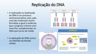 Replicação do DNA
• A replicação ou duplicação
do DNA é um processo
semiconservativo, pois cada
uma das moléculas recém-
formadas é igual à molécula
que a originou e forma uma
nova fita, complementar ao
DNA que serviu de molde
• A replicação do DNA ocorre
na intérfase da divisão
celular
 