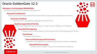Copyright © 2016, Oracle and/or its affiliates. All rights reserved. |
Oracle GoldenGate 12.2
Metadata in Trail (Goodbye SOURCEDEFS)
Self Describing Trail files for Simplified User Experience
Parameter Simplification
Verify run-time Parameters and Parameter Check Utility for Productivity and Operational Simplicity
Automatic Heartbeat
Real-time end-to-end replication lag Operational Ease of Use
Expanded Heterogeneity
Brings Support for New Databases and Enhancements to Existing Supported Platforms
Big Data Support Out of the Box
Brand new Replicat for Big Data targets to enable seamless integration with Big Data
Cloud Ready
GoldenGate Cloud Service
Expanded Oracle Support
Invisible Column support, Datapump and Clusterware Integration
Enhanced Monitoring and Performance
New Metrics for Diagnostics and Reduced CPU Usage for Extract and Replicat
13
 