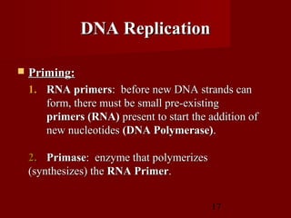 17
DNA ReplicationDNA Replication
 Priming:Priming:
1.1. RNA primersRNA primers: before new DNA strands can: before new DNA strands can
form, there must be small pre-existingform, there must be small pre-existing
primers (RNA)primers (RNA) present to start the addition ofpresent to start the addition of
new nucleotidesnew nucleotides (DNA Polymerase)(DNA Polymerase)..
2.2. PrimasePrimase: enzyme that polymerizes: enzyme that polymerizes
(synthesizes) the(synthesizes) the RNA PrimerRNA Primer..
 