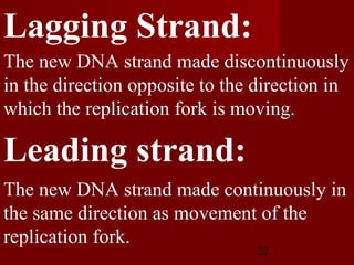 22
The new DNA strand made discontinuously
in the direction opposite to the direction in
which the replication fork is moving.
The new DNA strand made continuously in
the same direction as movement of the
replication fork.
Lagging Strand:
Leading strand:
 