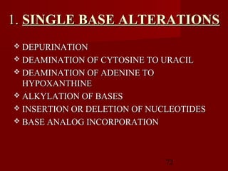 72
1.1. SINGLE BASE ALTERATIONSSINGLE BASE ALTERATIONS
 DEPURINATIONDEPURINATION
 DEAMINATION OF CYTOSINE TO URACILDEAMINATION OF CYTOSINE TO URACIL
 DEAMINATION OF ADENINE TODEAMINATION OF ADENINE TO
HYPOXANTHINEHYPOXANTHINE
 ALKYLATION OF BASESALKYLATION OF BASES
 INSERTION OR DELETION OF NUCLEOTIDESINSERTION OR DELETION OF NUCLEOTIDES
 BASE ANALOG INCORPORATIONBASE ANALOG INCORPORATION
 