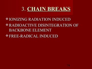 74
3.3. CHAIN BREAKSCHAIN BREAKS
 IONIZING RADIATION INDUCEDIONIZING RADIATION INDUCED
 RADIOACTIVE DISINTEGRATION OFRADIOACTIVE DISINTEGRATION OF
BACKBONE ELEMENTBACKBONE ELEMENT
 FREE-RADICAL INDUCEDFREE-RADICAL INDUCED
 