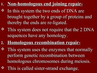 87
1.1. Non-homologous end joining repair-Non-homologous end joining repair-
 In this system the two ends of DNA areIn this system the two ends of DNA are
brought together by a group of proteins andbrought together by a group of proteins and
thereby the ends are re-ligated.thereby the ends are re-ligated.
 This system does not require that the 2 DNAThis system does not require that the 2 DNA
sequences have any homology.sequences have any homology.
2.2. Homologous recombination repair-Homologous recombination repair-
 This system uses the enzymes that normallyThis system uses the enzymes that normally
perform genetic recombination betweenperform genetic recombination between
homologous chromosomes during meiosis.homologous chromosomes during meiosis.
 This is called sister-strand exchange.This is called sister-strand exchange.
 