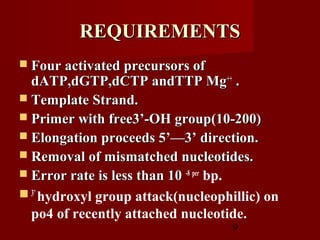 9
REQUIREMENTSREQUIREMENTS
 Four activated precursors ofFour activated precursors of
dATP,dGTP,dCTP andTTP MgdATP,dGTP,dCTP andTTP Mg++++
..
 Template Strand.Template Strand.
 Primer with free3’-OH group(10-200)Primer with free3’-OH group(10-200)
 Elongation proceeds 5’—3’ direction.Elongation proceeds 5’—3’ direction.
 Removal of mismatched nucleotides.Removal of mismatched nucleotides.
 Error rate is less than 10Error rate is less than 10 -8-8 per
bp.
 3’3’
hydroxyl group attack(nucleophillic) on
po4 of recently attached nucleotide.
 