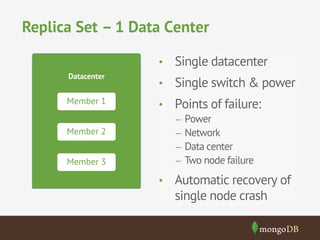 Replica Set – 1 Data Center
•  Single datacenter
Datacenter

Member 1
Member 2
Datacenter 2

Member 3

•  Single switch & power
•  Points of failure:
–  Power
–  Network
–  Data center
–  Two node failure

•  Automatic recovery of

single node crash

 