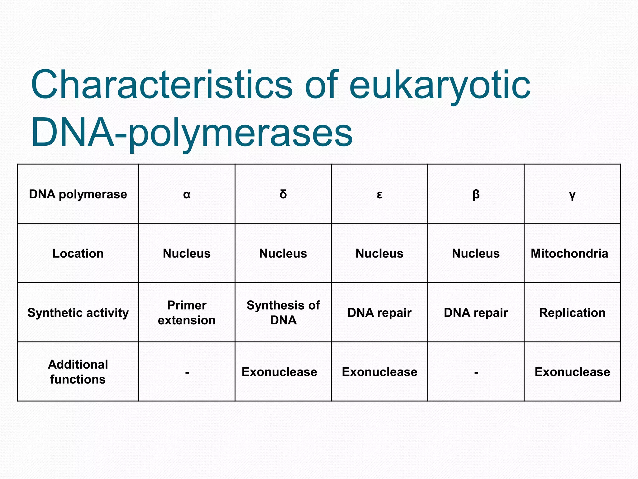 Characteristics of eukaryotic
DNA-polymerases
DNA polymerase

α

δ

ε

β

γ

Location

Nucleus

Nucleus

Nucleus

Nucleus

Mitochondria

Synthetic activity

Primer
extension

Synthesis of
DNA

DNA repair

DNA repair

Replication

Additional
functions

-

Exonuclease

-

Exonuclease

Exonuclease

 