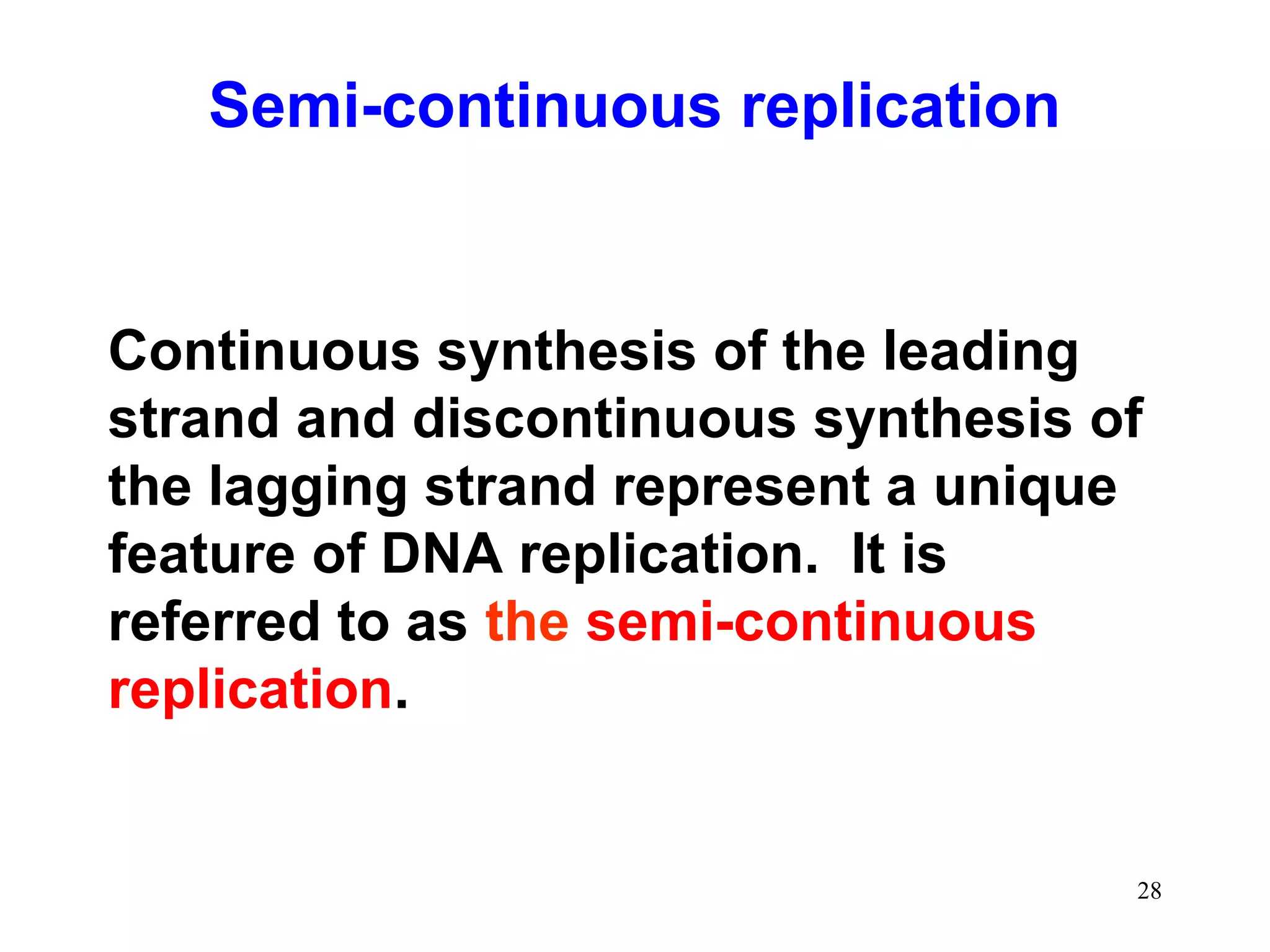 Semi-continuous replication

Continuous synthesis of the leading
strand and discontinuous synthesis of
the lagging strand represent a unique
feature of DNA replication. It is
referred to as the semi-continuous
replication.

28

 