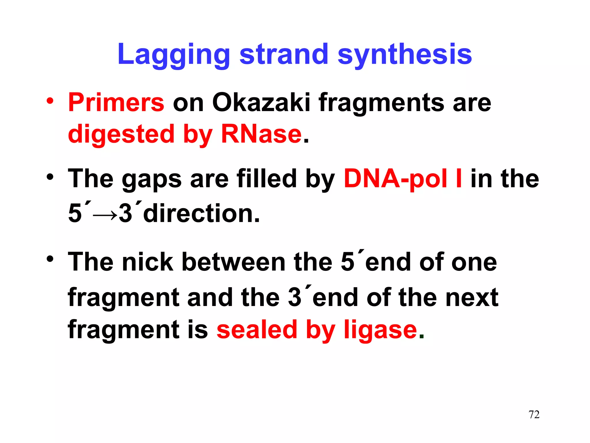 Lagging strand synthesis
• Primers on Okazaki fragments are
digested by RNase.
• The gaps are filled by DNA-pol I in the
5´→3´direction.
• The nick between the 5´end of one
fragment and the 3´end of the next
fragment is sealed by ligase.
72

 