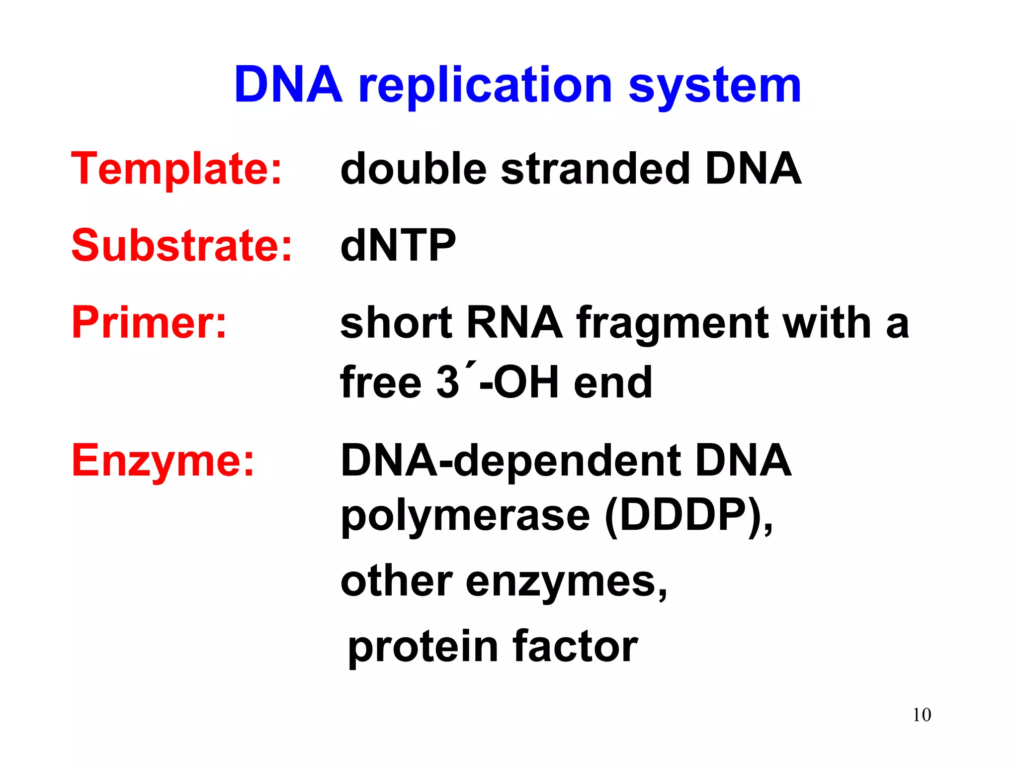 Template: double stranded DNA
Substrate: dNTP
Primer: short RNA fragment with a
free 3´-OH end
Enzyme: DNA-dependent DNA
polymerase (DDDP),
other enzymes,
protein factor
DNA replication system
10
 