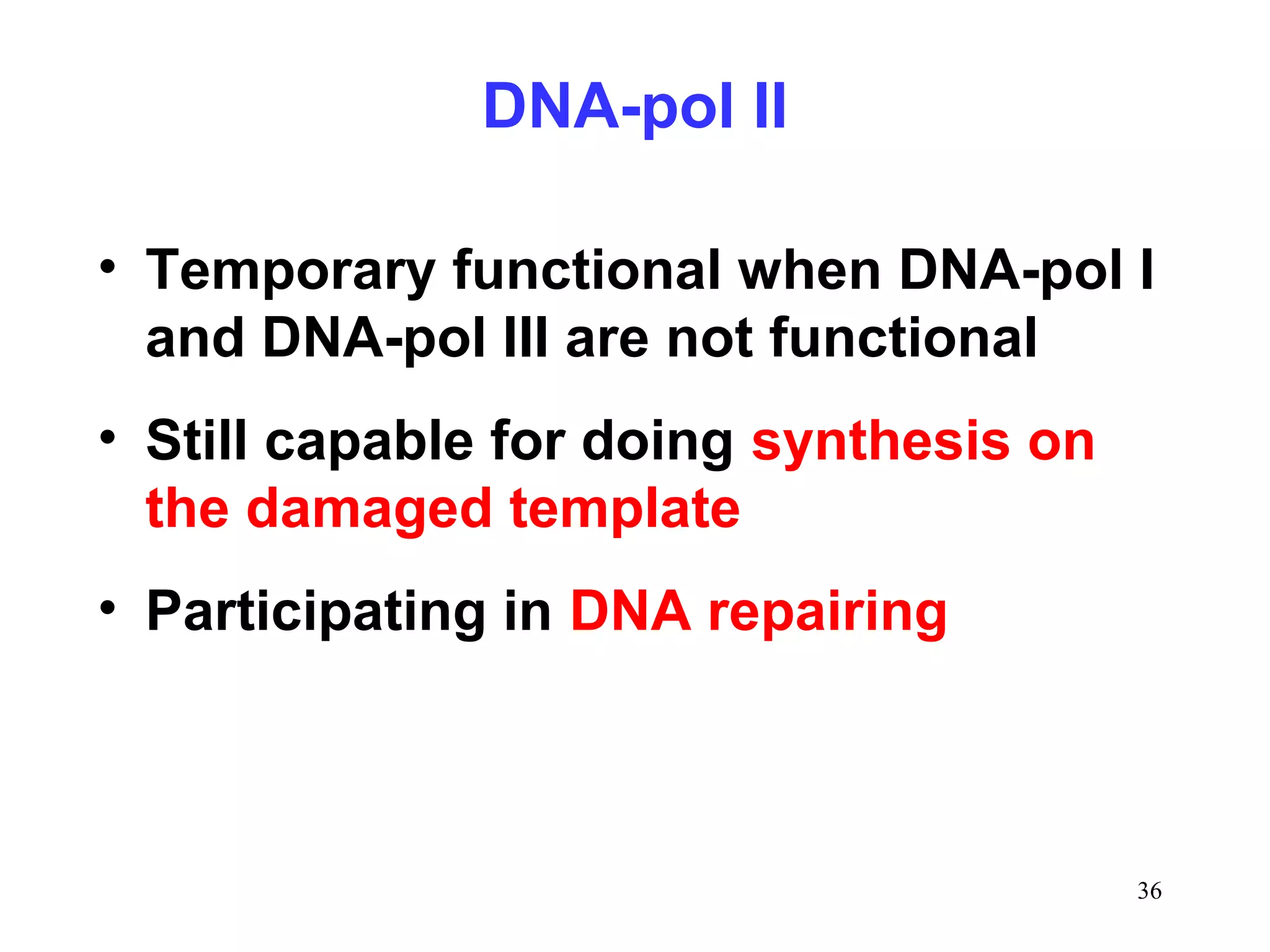 DNA-pol II
• Temporary functional when DNA-pol I
and DNA-pol III are not functional
• Still capable for doing synthesis on
the damaged template
• Participating in DNA repairing
36
 