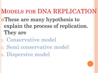 MODELS FOR DNA REPLICATION
These are many hypothesis to
explain the process of replication.
They are
1. Conservative model
2. Semi conservative model
3. Dispersive model
 
