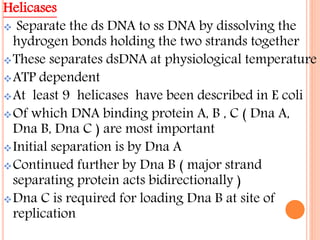 Helicases
 Separate the ds DNA to ss DNA by dissolving the
hydrogen bonds holding the two strands together
These separates dsDNA at physiological temperature
ATP dependent
At least 9 helicases have been described in E coli
Of which DNA binding protein A, B , C ( Dna A,
Dna B, Dna C ) are most important
Initial separation is by Dna A
Continued further by Dna B ( major strand
separating protein acts bidirectionally )
Dna C is required for loading Dna B at site of
replication
 
