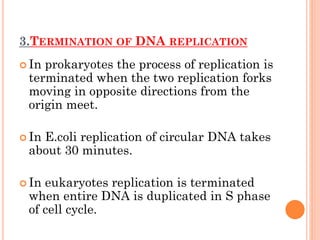 3.TERMINATION OF DNA REPLICATION
 In prokaryotes the process of replication is
terminated when the two replication forks
moving in opposite directions from the
origin meet.
 In E.coli replication of circular DNA takes
about 30 minutes.
 In eukaryotes replication is terminated
when entire DNA is duplicated in S phase
of cell cycle.
 