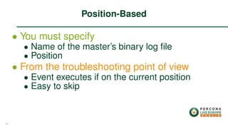 ∙ You must specify
∙ Name of the master’s binary log ﬁle
∙ Position
∙ From the troubleshooting point of view
∙ Event executes if on the current position
∙ Easy to skip
Position-Based
47
 