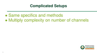 ∙ Same speciﬁcs and methods
∙ Multiply complexity on number of channels
Complicated Setups
51
 
