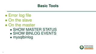 ∙ Error log ﬁle
∙ On the slave
∙ On the master
∙ SHOW MASTER STATUS
∙ SHOW BINLOG EVENTS
∙ mysqlbinlog
Basic Tools
58
 