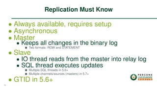 ∙ Always available, requires setup
∙ Asynchronous
∙ Master
∙ Keeps all changes in the binary log
Two formats: ROW and STATEMENT
∙ Slave
∙ IO thread reads from the master into relay log
∙ SQL thread executes updates
Multiple SQL threads in 5.6+
Multiple channels/sources (masters) in 5.7+
∙ GTID in 5.6+
Replication Must Know
59
 