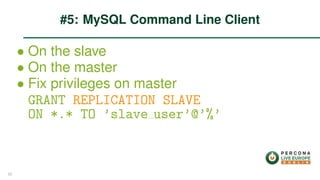 ∙ On the slave
∙ On the master
∙ Fix privileges on master
GRANT REPLICATION SLAVE
ON *.* TO ’slave user’@’%’
#5: MySQL Command Line Client
23
 