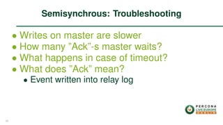 ∙ Writes on master are slower
∙ How many ”Ack”-s master waits?
∙ What happens in case of timeout?
∙ What does ”Ack” mean?
∙ Event written into relay log
Semisynchrous: Troubleshooting
25
 