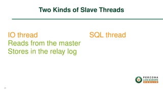 IO thread
Reads from the master
Stores in the relay log
SQL thread
Two Kinds of Slave Threads
26
 