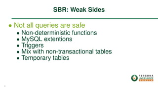 ∙ Not all queries are safe
∙ Non-deterministic functions
∙ MySQL extentions
∙ Triggers
∙ Mix with non-transactional tables
∙ Temporary tables
SBR: Weak Sides
41
 