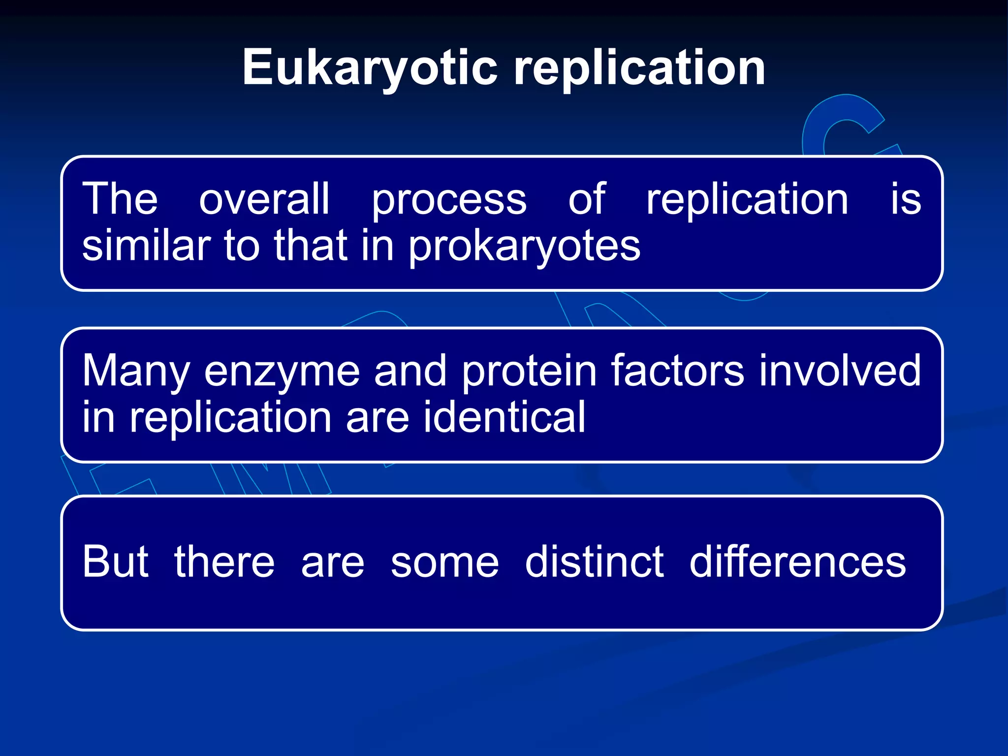 The overall process of replication is
similar to that in prokaryotes
Many enzyme and protein factors involved
in replication are identical
But there are some distinct differences
Eukaryotic replication
 