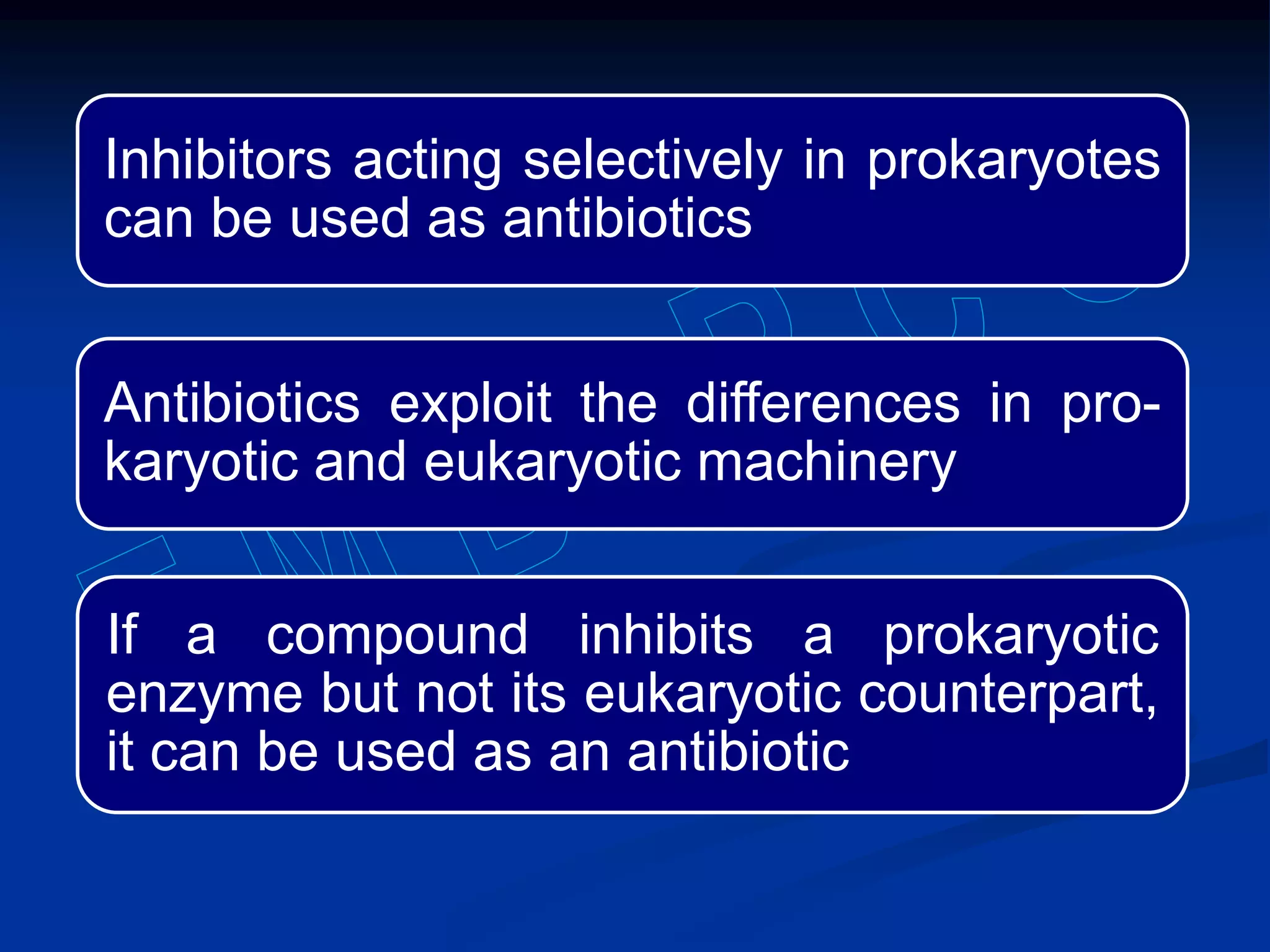 Inhibitors acting selectively in prokaryotes
can be used as antibiotics
Antibiotics exploit the differences in pro-
karyotic and eukaryotic machinery
If a compound inhibits a prokaryotic
enzyme but not its eukaryotic counterpart,
it can be used as an antibiotic
 