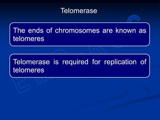 The ends of chromosomes are known as
telomeres
Telomerase is required for replication of
telomeres
Telomerase
 
