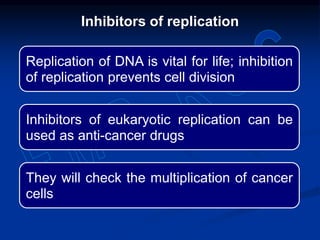 Replication of DNA is vital for life; inhibition
of replication prevents cell division
Inhibitors of eukaryotic replication can be
used as anti-cancer drugs
They will check the multiplication of cancer
cells
Inhibitors of replication
 