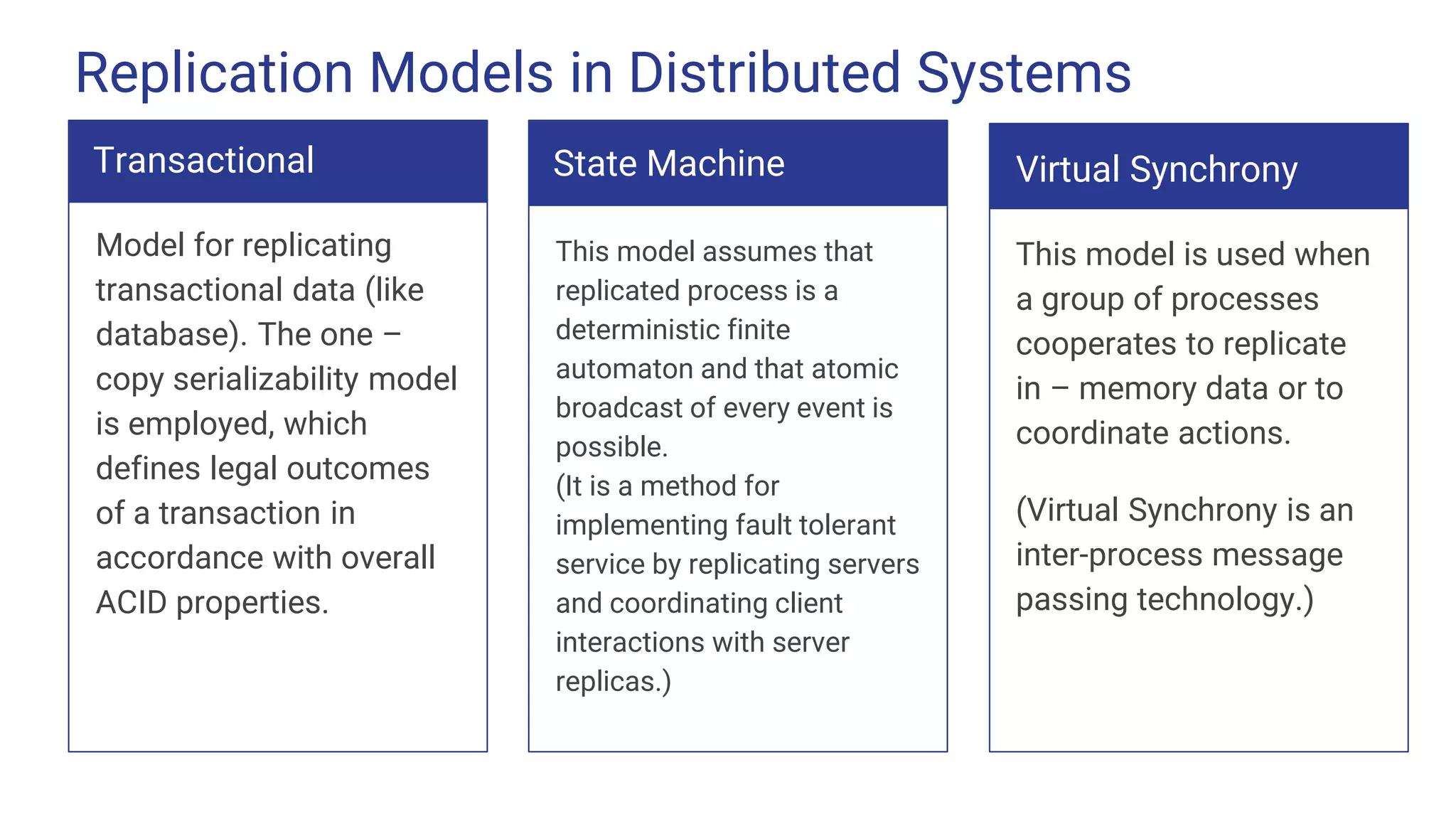 Replication Models in Distributed Systems
Transactional
Model for replicating
transactional data (like
database). The one –
copy serializability model
is employed, which
defines legal outcomes
of a transaction in
accordance with overall
ACID properties.
State Machine
This model assumes that
replicated process is a
deterministic finite
automaton and that atomic
broadcast of every event is
possible.
(It is a method for
implementing fault tolerant
service by replicating servers
and coordinating client
interactions with server
replicas.)
Virtual Synchrony
This model is used when
a group of processes
cooperates to replicate
in – memory data or to
coordinate actions.
(Virtual Synchrony is an
inter-process message
passing technology.)
 