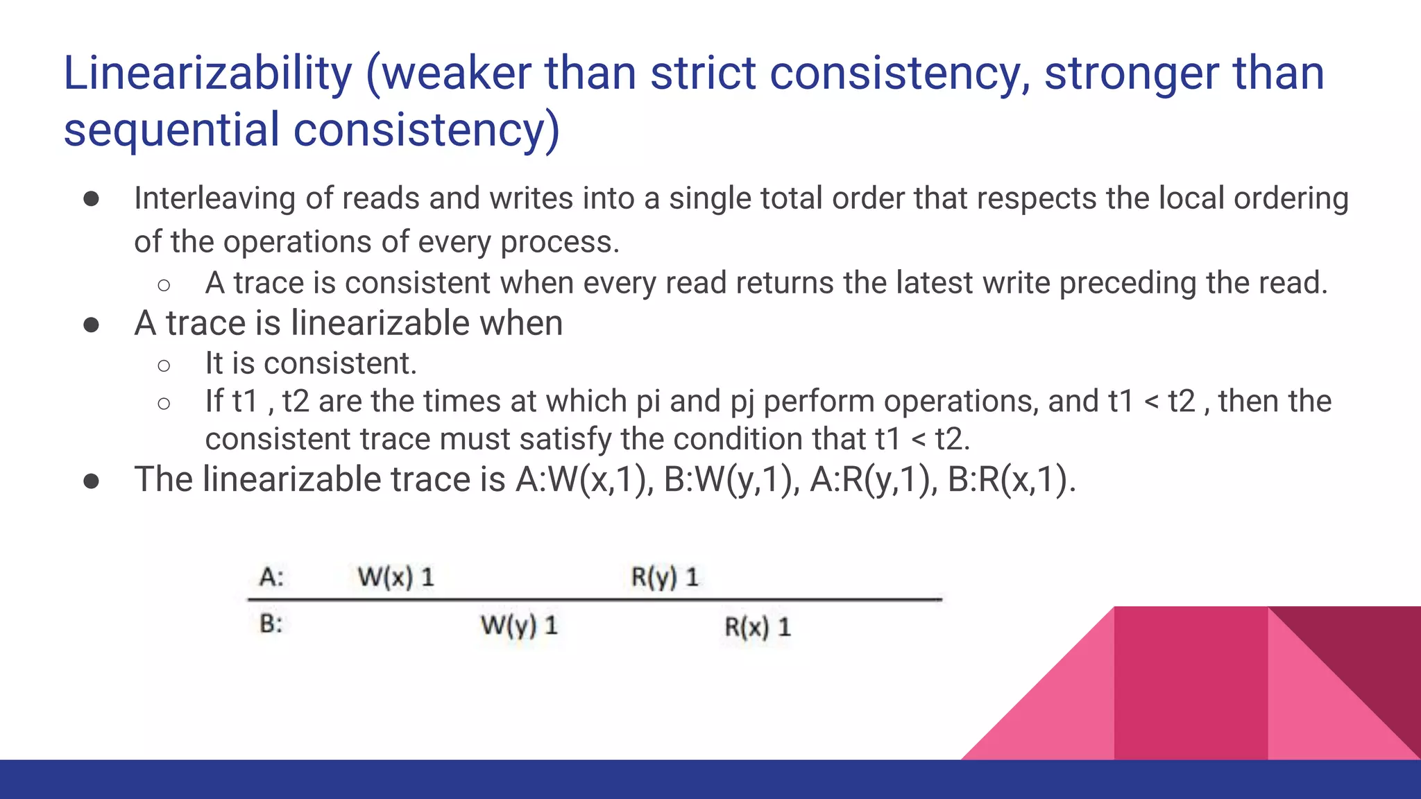 Linearizability (weaker than strict consistency, stronger than
sequential consistency)
● Interleaving of reads and writes into a single total order that respects the local ordering
of the operations of every process.
○ A trace is consistent when every read returns the latest write preceding the read.
● A trace is linearizable when
○ It is consistent.
○ If t1 , t2 are the times at which pi and pj perform operations, and t1 < t2 , then the
consistent trace must satisfy the condition that t1 < t2.
● The linearizable trace is A:W(x,1), B:W(y,1), A:R(y,1), B:R(x,1).
 