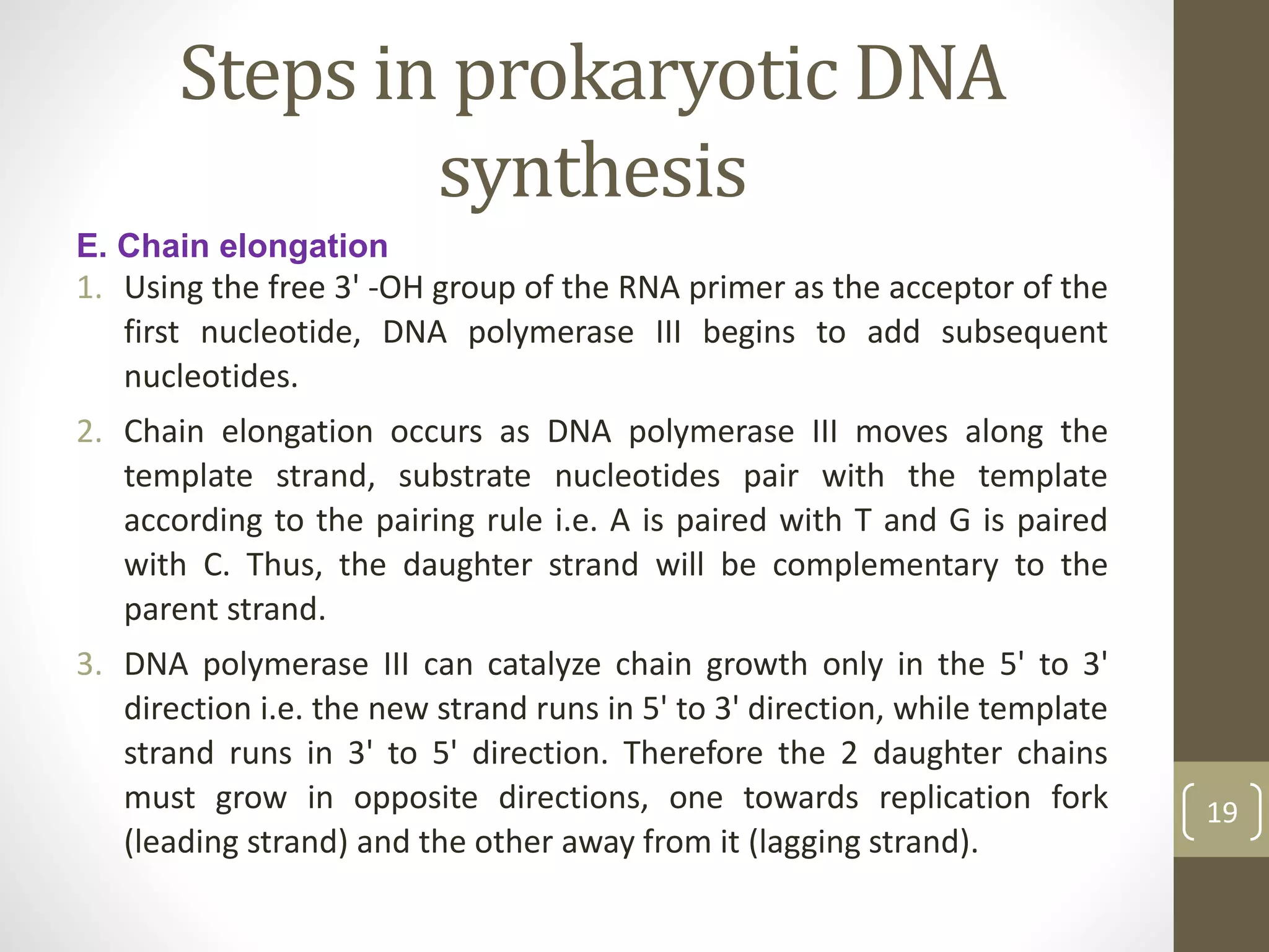 Steps in prokaryotic DNA
synthesis
E. Chain elongation
1. Using the free 3' -OH group of the RNA primer as the acceptor of the
first nucleotide, DNA polymerase III begins to add subsequent
nucleotides.
2. Chain elongation occurs as DNA polymerase III moves along the
template strand, substrate nucleotides pair with the template
according to the pairing rule i.e. A is paired with T and G is paired
with C. Thus, the daughter strand will be complementary to the
parent strand.
3. DNA polymerase III can catalyze chain growth only in the 5' to 3'
direction i.e. the new strand runs in 5' to 3' direction, while template
strand runs in 3' to 5' direction. Therefore the 2 daughter chains
must grow in opposite directions, one towards replication fork
(leading strand) and the other away from it (lagging strand).
19
 