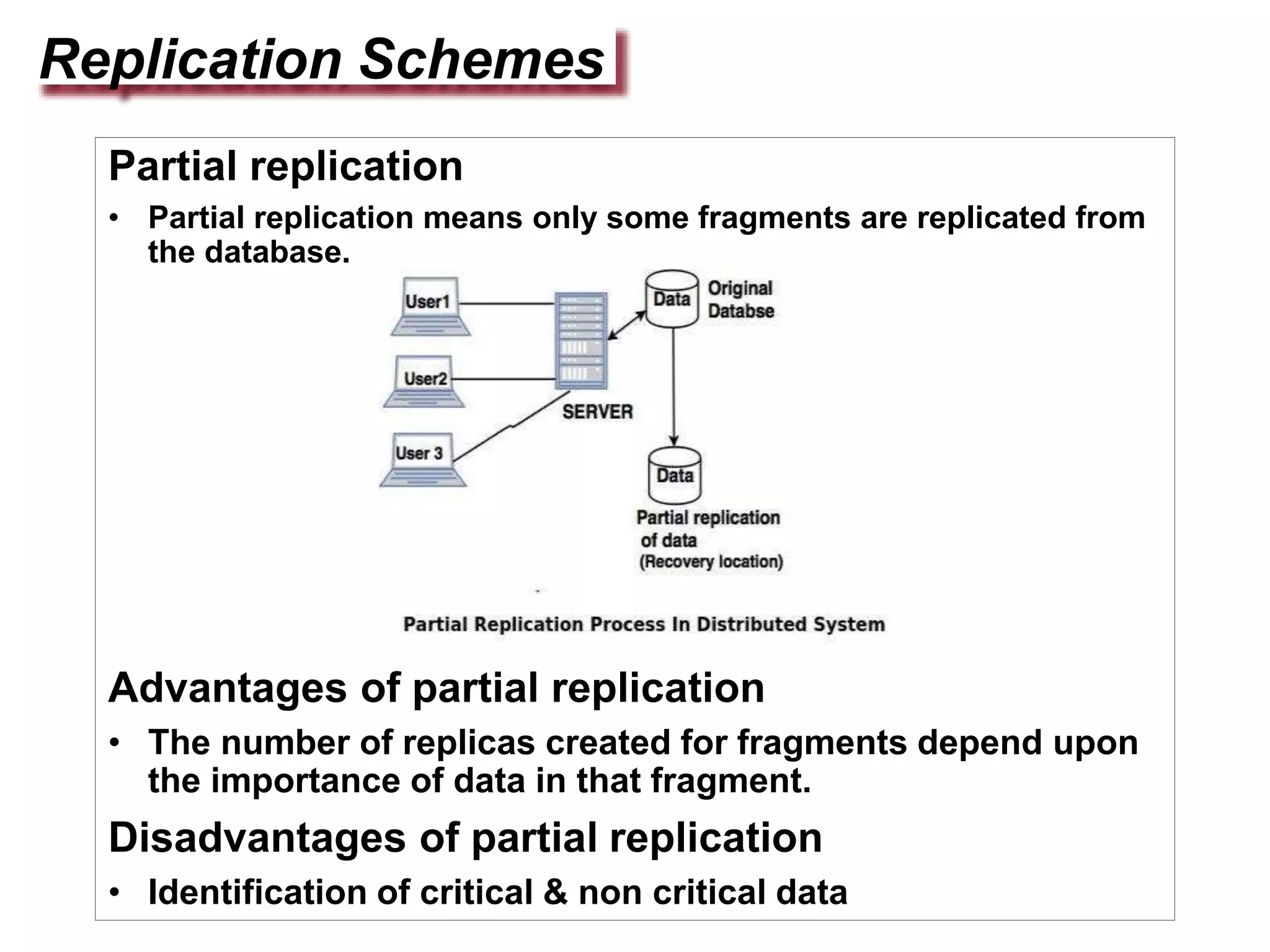 Replication Schemes
Partial replication
• Partial replication means only some fragments are replicated from
the database.
Advantages of partial replication
• The number of replicas created for fragments depend upon
the importance of data in that fragment.
Disadvantages of partial replication
• Identification of critical & non critical data
 