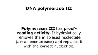 21
Use or disclosure of data contained on this sheet is subject to the restriction on the title page of this proposal or quotation. 21
DNA polymerase III
Polymerases III has proof-
reading activity. It hydrolytically
removes the misplaced nucleotide
(act as exonuclease) and replaces it
with the correct nucleotide.
 
