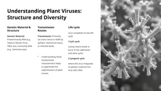 Understanding Plant Viruses:
Structure and Diversity
Genetic Material &
Structure
Genetic Material:
Predominantly RNA (e.g.,
Tobacco Mosaic Virus -
TMV), less commonly DNA
(e.g., Geminiviruses).
Transmission
Routes
Transmission: Primarily
via insect vectors (>60% by
aphids), mechanical injury,
or infected seeds.
• Understanding these
fundamental
characteristics helps
us appreciate the
sophistication of plant
viruses.
Life cycle
virus completes its two life
cycle
1.Lytic cycle
Lysing means break or
burst of the cell(master
and slave cycle)
2.Lysogenic cycle
where the virus integrates
its genetic material into
host cell's DNA
 