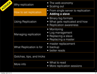 DA              Why replication
                                                    • The web economy
      EN                                            • Scaling out
   AG
                                                    • From single server to replication
                        How to set replication
                                                    • Adding a slave
                                                    •   Binary log formats
                        Using Replication           •   What gets replicated and how
                                                    •   Replication awareness
                                                    •   Monitoring
                                                    •   Log management
                        Managing replication
                                                    •   Replacing a slave
                                                    •   Replacing a master
                                                    • master replacement
                        What Replication is for     • backup
                                                    • better reads

                        Gotchas, tips, and tricks

                                                    • What to read
                        More info
                                                    • More replication sessions
                                                                                          44

Tuesday, April 10, 12                                                                     44
 