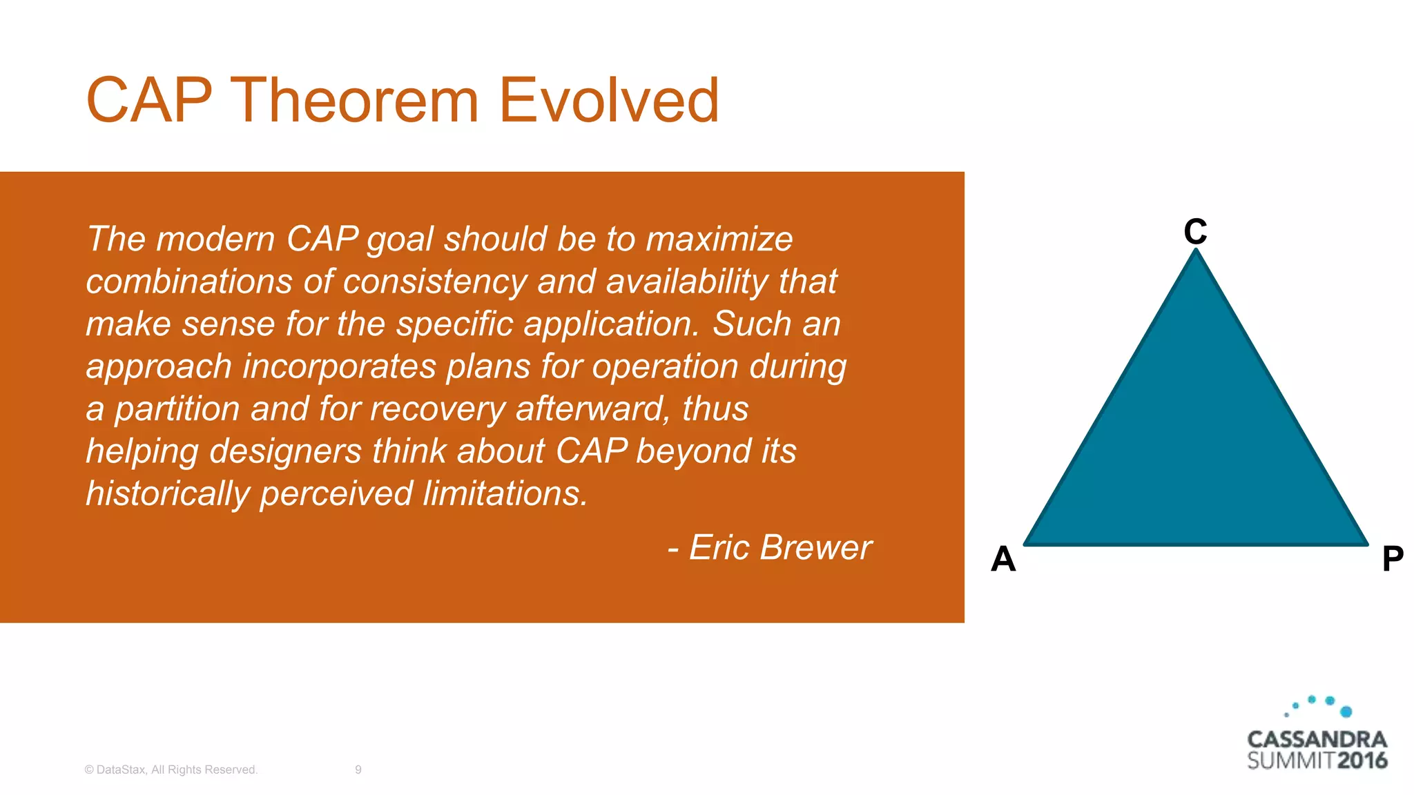 CAP Theorem Evolved
© DataStax, All Rights Reserved. 9
The modern CAP goal should be to maximize
combinations of consistency and availability that
make sense for the specific application. Such an
approach incorporates plans for operation during
a partition and for recovery afterward, thus
helping designers think about CAP beyond its
historically perceived limitations.
- Eric Brewer
C
A P
 