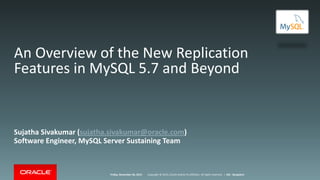 Copyright © 2015, Oracle and/or its affiliates. All rights reserved. |Friday, November 20, 2015 OSI - Bangalore
An Overview of the New Replication
Features in MySQL 5.7 and Beyond
Sujatha Sivakumar (sujatha.sivakumar@oracle.com)
Software Engineer, MySQL Server Sustaining Team
 