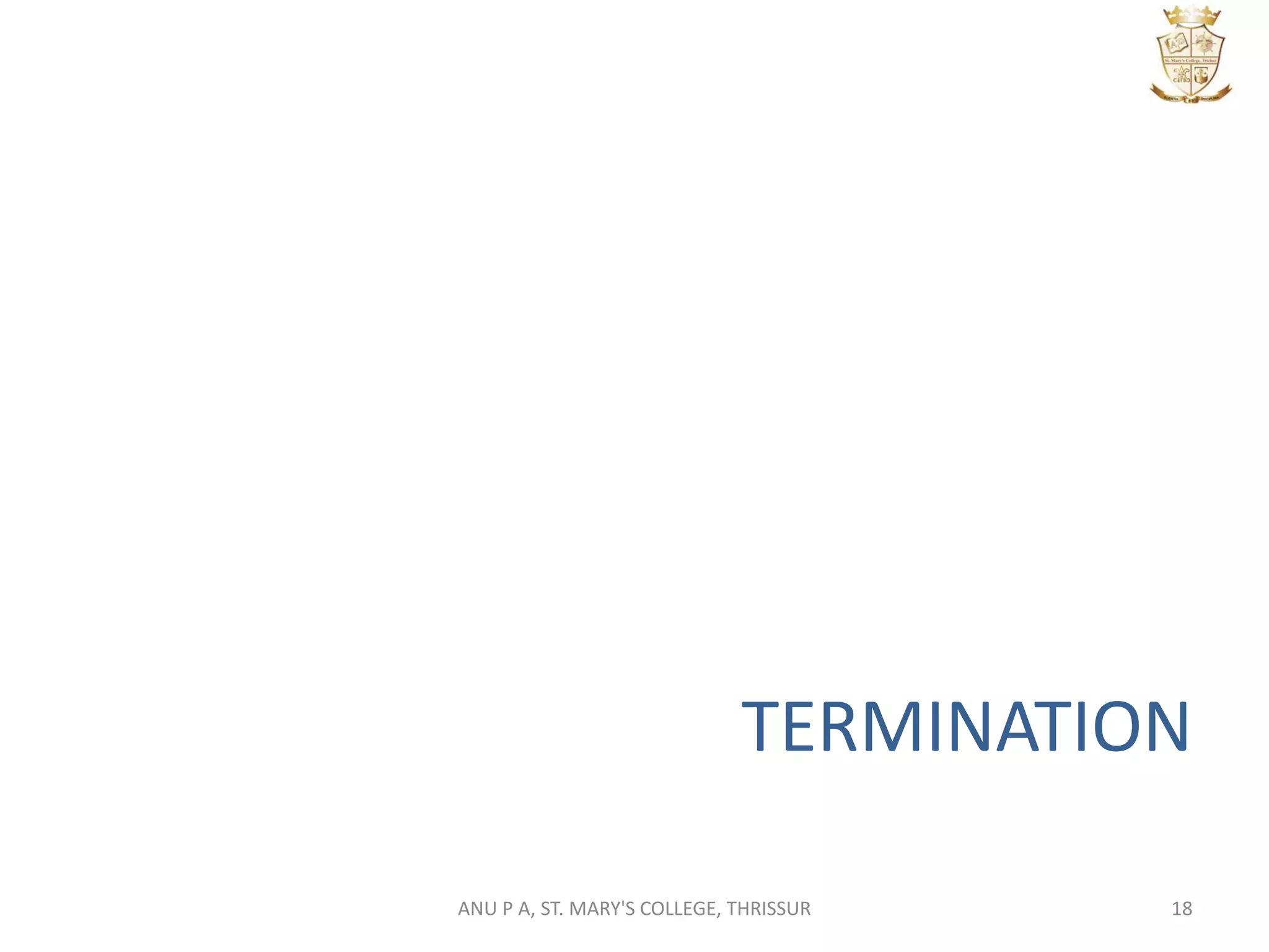 TERMINATION
18ANU P A, ST. MARY'S COLLEGE, THRISSUR
 