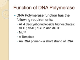 Function of DNA Polymerase
 DNA Polymerase function has the
following requirements:
◦ All 4 deoxyribonucleoside triphosphates:
dTTP, dATP, dGTP, and dCTP
◦ Mg+2
◦ A Template
◦ An RNA primer – a short strand of RNA
 