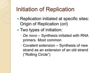Initiation of Replication
 Replication initiated at specific sites:
Origin of Replication (ori)
 Two types of initiation:
◦ De novo – Synthesis initiated with RNA
primers. Most common
◦ Covalent extension – Synthesis of new
strand as an extension of an old strand
(“Rolling Circle”)
 