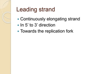 Leading strand
 Continuously elongating strand
 In 5’ to 3’ direction
 Towards the replication fork
 