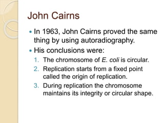 John Cairns
 In 1963, John Cairns proved the same
thing by using autoradiography.
 His conclusions were:
1. The chromosome of E. coli is circular.
2. Replication starts from a fixed point
called the origin of replication.
3. During replication the chromosome
maintains its integrity or circular shape.
 