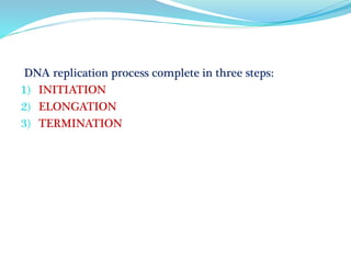 DNA replication process complete in three steps:
1) INITIATION
2) ELONGATION
3) TERMINATION
 